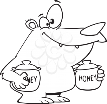Royalty Free Clipart Image of a Bear Holding Pots of Honey
