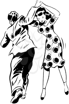 Royalty Free Clipart Image of a Man in a Suit and Woman in Polkadots Dancing
