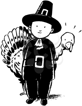 Royalty Free Clipart Image of a Child Dressed as a Pilgrim Standing In Front of a Turkey