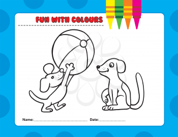 Royalty Free Clipart Image of Colouring Page of Two Dogs Playing With a Ball