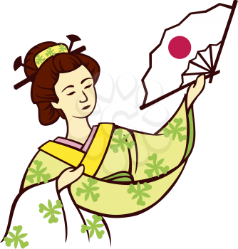 Royalty Free Clipart Image of a Geisha Holding a Fan