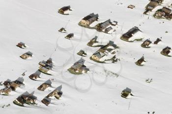 Royalty Free Photo of an Aerial of Snow Covered Buildings in a Small Town, California, USA
