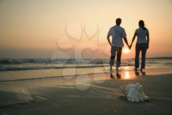 Back view of mid-adult couple holding hands walking on beach with seashell in foreground.