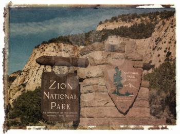 Royalty Free Photo of a Polaroid Transfer of a Wooden and Stone Sign for Zion National Park, Utah