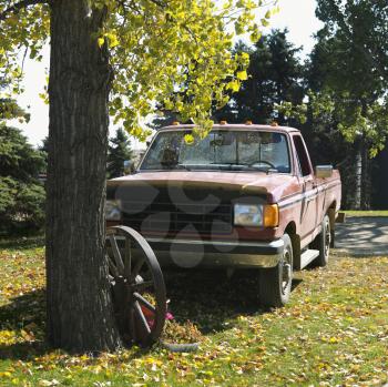 Royalty Free Photo of an Old pick-up truck parked beside old wagon wheel leaning on tree in yard.