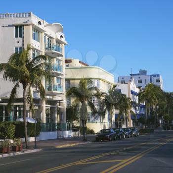 Buildings and street in art deco district of Miami, Florida, USA.