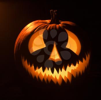 Carved Halloween pumpkin glowing in the dark.