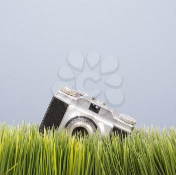 Royalty Free Photo of a Vintage Camera in Grass