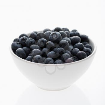 Bowl of blueberries against white background.