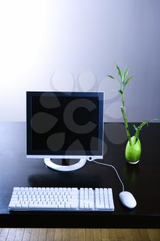 Computer monitor sitting on a desk with a keyboard and mouse and a green opaque vase with lucky bamboo plant in it. Vertical shot.