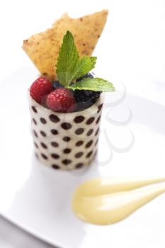 Elegant display of a dessert fruit cup with mint leaves. Vertical shot.
