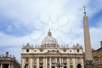 The east facade of St Peter's Basilica with the obelisk in the foreground. Horizontal shot.