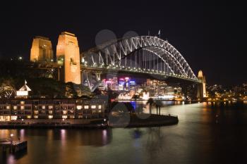Low angle night view of Sydney Harbour Bridge in Austraila. Horizontal shot.