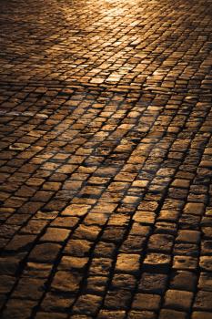 High angle view of a cobblestone street at night with street lights reflecting off the surface. Vertical shot.