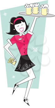 Royalty Free Clipart Image of a Waitress With a Tray of Beer