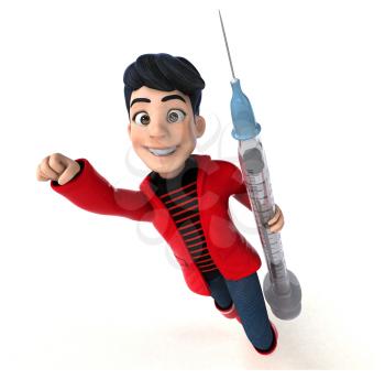 Fun 3D cartoon teenage boy with a syringe