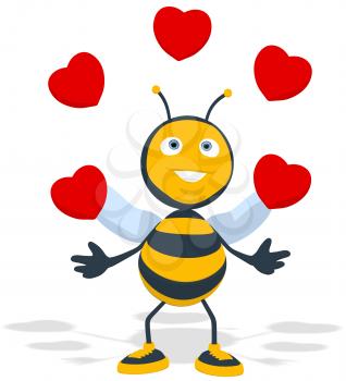 Royalty Free Clipart Image of a Bee Juggling Hearts