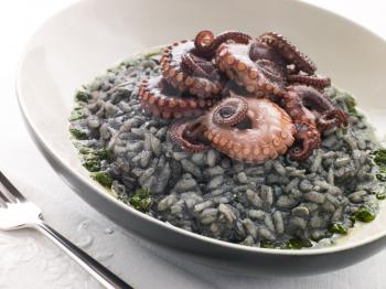 Royalty Free Photo of Risotto Nero with Fried Octopus and Pesto Dressing