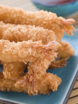 Royalty Free Photo of Deep Fried Breaded Japanese Tiger Prawns With Mirin Chili Dip
