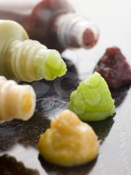 Royalty Free Photo of Three Japanese Sauces-Wasabi Mustard and Plum
