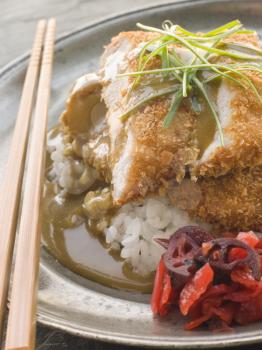 Royalty Free Photo of Plated Tonkatsu with Vinegar Rice Curry Sauce and Pickled Red Radish