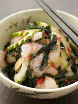 Royalty Free Photo of Tiger Prawn Wakame and Cucumber Salad with Ginger