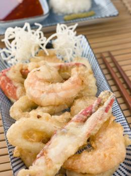Royalty Free Photo of Tempura of Seafood with Chili Sauce and Mouli