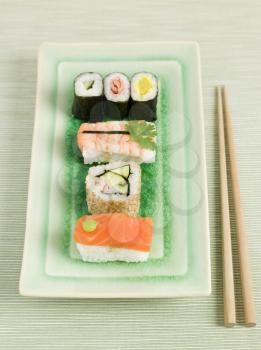 Royalty Free Photo of Plated Sushi with Chopsticks