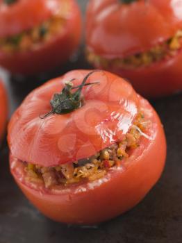 Royalty Free Photo of a Stuffed Beef Tomato on a Baking Sheet