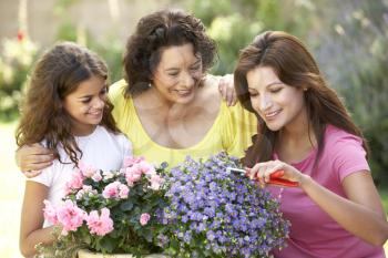 Senior Woman With Adult Daughter And Granddaughter Gardening Together
