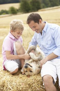 Father And Son Sitting With Dog On Straw Bales In Harvested Field