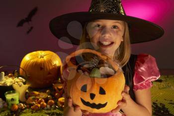 Halloween party with a child showing candy