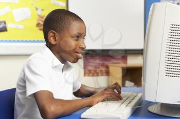 Schoolboy In IT Class Using Computer