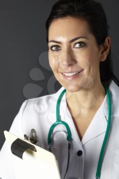 American nurse with stethoscope and clipboard