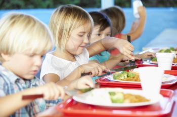 Elementary Pupils Enjoying Healthy Lunch In Cafeteria