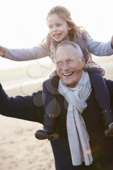 Grandfather And Granddaughter Walking On Winter Beach