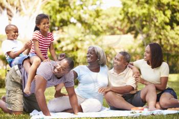 Multi Generation Family Having Fun In Garden Together