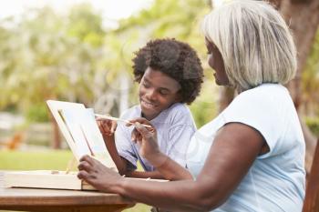 Grandmother With Grandson Outdoors Painting Landscape