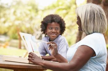 Grandmother With Grandson Outdoors Painting Landscape