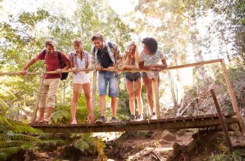 Group Of Friends On Walk Crossing Wooden Bridge In Forest