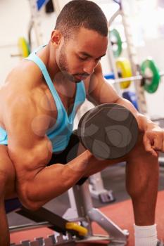 Man exercising with dumbbells at a gym, vertical shot