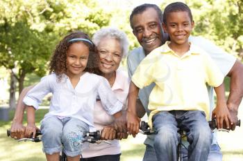 African American Grandparents With Grandchildren Cycling In Park