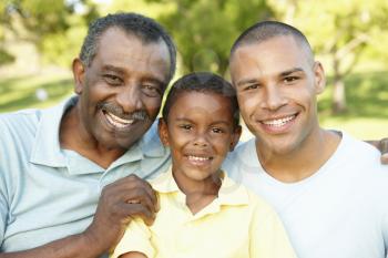 African American Grandfather, Father And Son Relaxing In Park