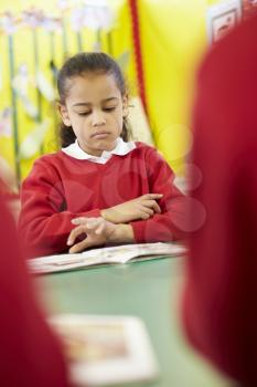 Female Pupil Reading Book At Table