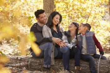 Family sitting on fallen tree in a forest look at each other