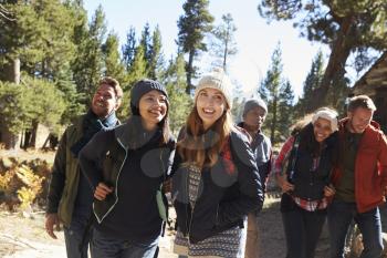 Group of six friends hiking past a log cabin in a forest