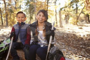 Brother and sister sitting on a fallen tree in a forest