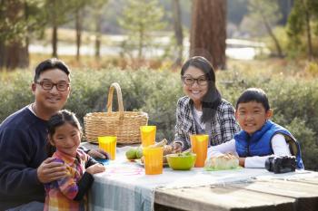 Asian family at a picnic table looking to camera