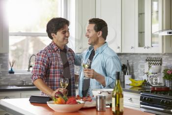 Laughing male gay couple drinking wine and preparing a meal