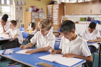 Two schoolboys working in a primary school class